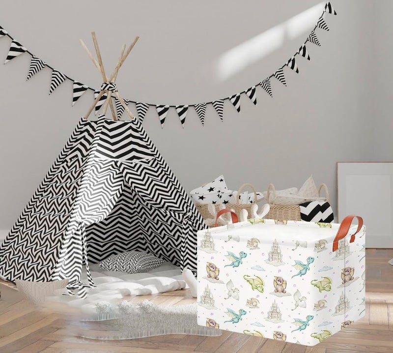 CLOCOR Rectangular Storage Basket Empty,Gift Basket,Waterproof Storage Bin with Handles,Room Decor(Castle Dinosaur) - Image 3